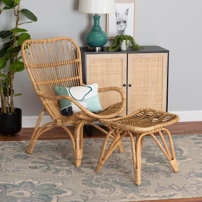 Earvin Modern Bohemian Natural Brown Rattan 2-Piece Armchair and Footstool Set