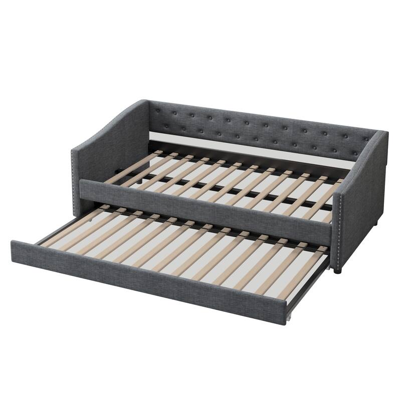 Linen Tufted Daybed with Trundle, Upholstered Platform Sofa Bed Frame, Wooden Slat Support