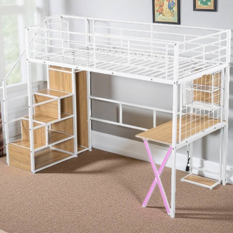 Full Size Metal Loft Bed with Desk, LED-Lit Shelves, Built-in Wardrobe, and Storage Stairs, Workstation Combo for Kids or Teens - Twin White - Twin