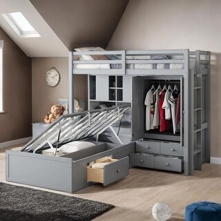 Twin Bunk Bed with Drawers, Wardrobe, Storage Shelves & Hydraulic Bed