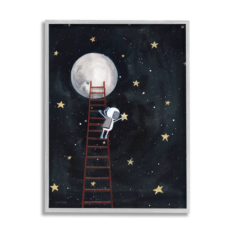 Stupell Astronaut Hanging Stars Outer Space Ladder to Moon Framed Giclee Texturized Art by Rachel Nieman - 24 x 30 - Grey