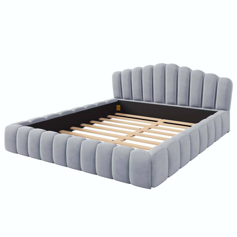 Velvet Upholstered Queen BED Frame Shell-Shaped Headboard for Bedroom