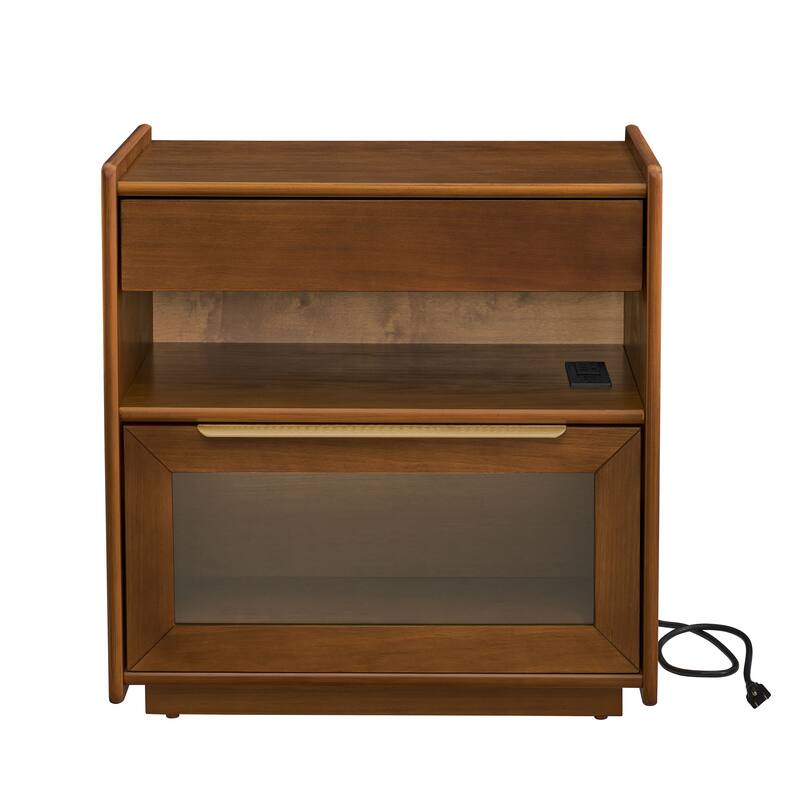 Roomfitters Mid Century Nightstand, Glass Drawer, Bedside Table with Charging Ports, Storage