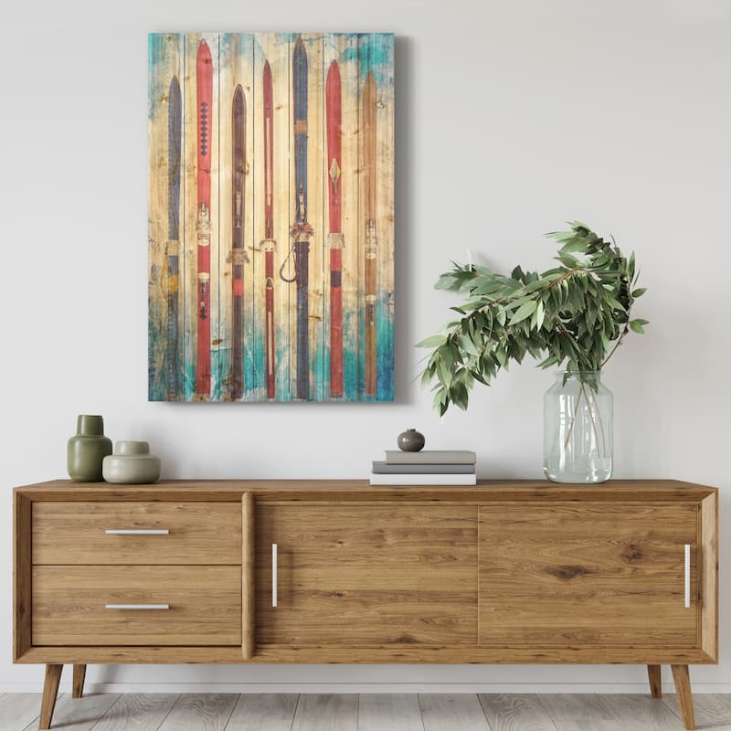 Colorful Retro Skis Wall Art Printed on Solid Fir Wood Planks
