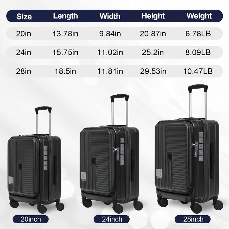 Luggage Sets 3 Piece, ABS Hardshell Front Opening Carry On Suitcase Set with TSA Lock, for Men Women Travel