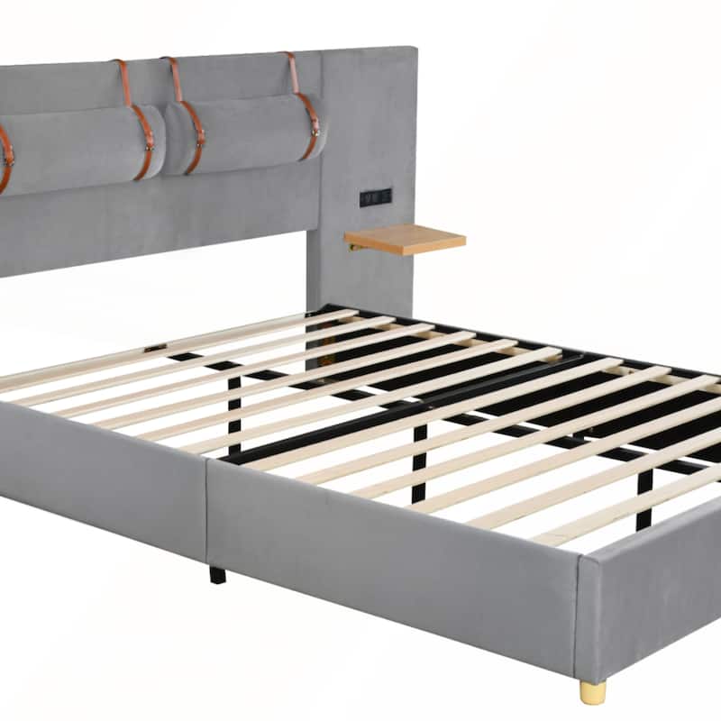 Queen Upholstered Platform Bed with Two Outlets and USB Charging Ports on Both Sides