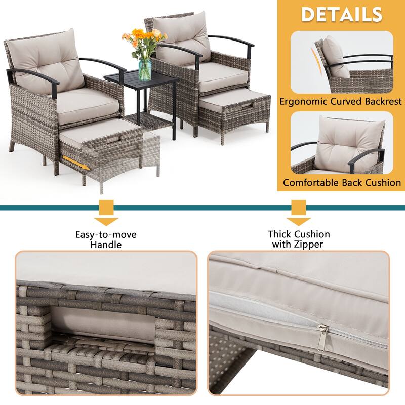 AVAWING 5-Piece Patio Furniture Set Wicker Conversation Set with Coffee Table and Ottoman