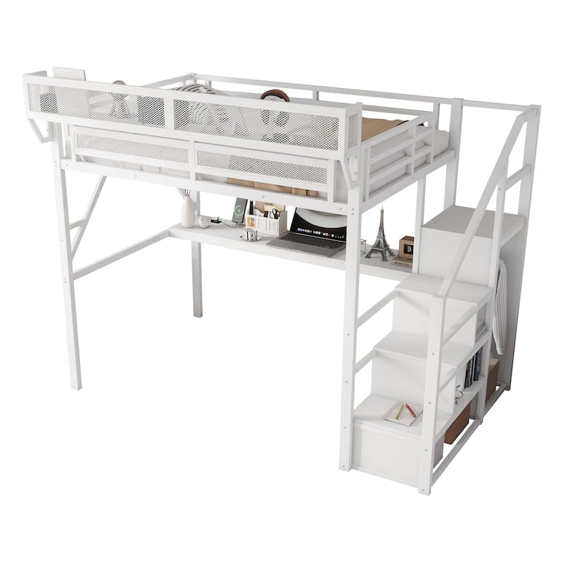 Iron Loft Bed Frame with Desk, Charging Station, Bedside Shelf and Wardrobe, Heavy Duty Metal Loftbed with LED Lights