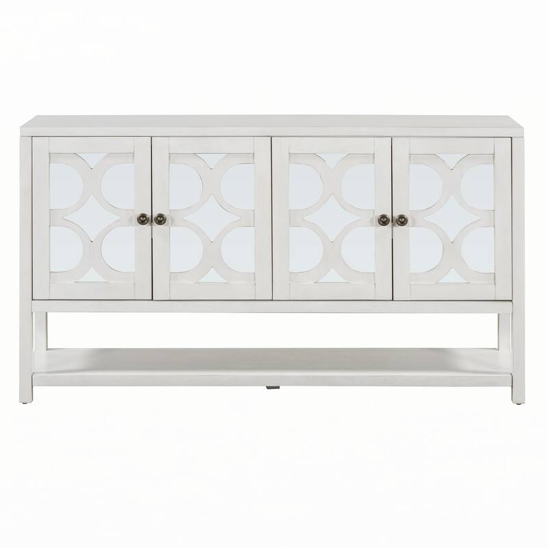 Retro Console Table with Mirrored Doors(Antique White)