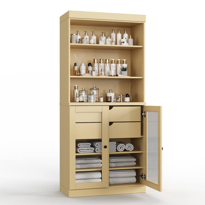 100% Solid Wood 32" Bathroom Cabinet with Optional Doors, 2-Drawers by Palace Imports - Yellow - 2 Glass Doors