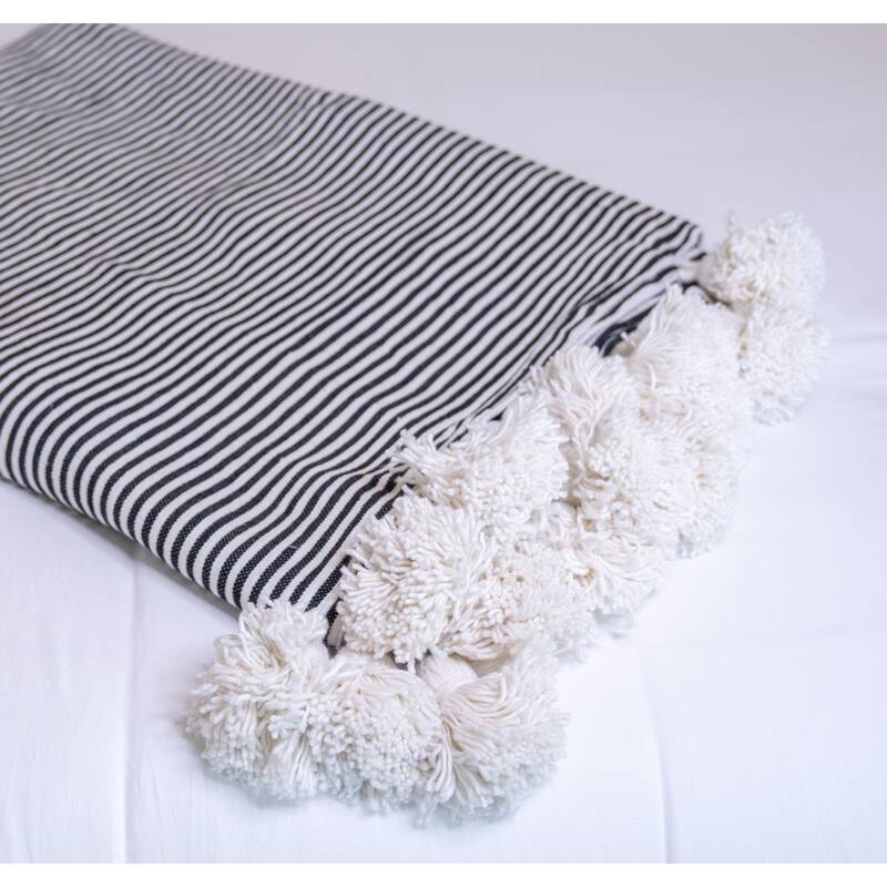 Handwoven Moroccan Blanket with Pom Pom in Black &White