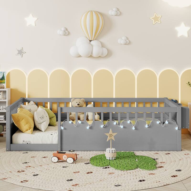 Montessori-Style Floor Bed with High Safety Rails‌ – Wooden Toddler Bed Featuring Built-In Storage Shelf and Soft Lighting - Grey - Twin