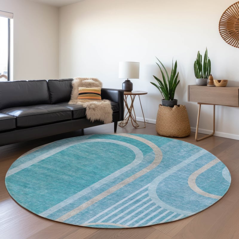 Premium Washable Super Soft Contemporary Deco Mayfield Rug - Teal - 8' x 8' - Round