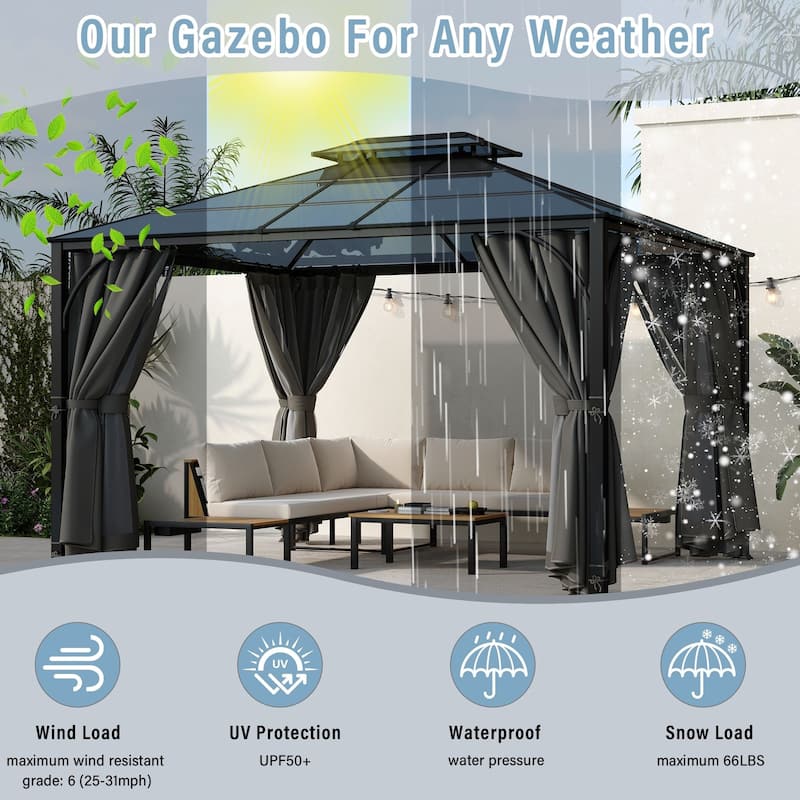 10'x12' Hardtop Outdoor Gazebo with Netting and Curtains for Patio or Backyard