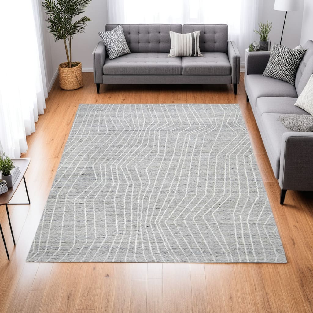 Veer 8 x 10 Area Rug, Linear Abstract Pattern, Polyester, Wool, Gray, Ivory - 8 x 10