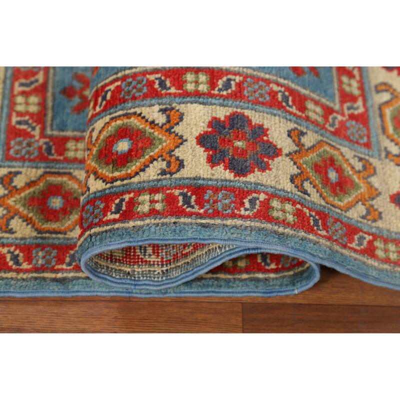 Light Blue Geometric Kazak Rug Hand-Knotted Oriental Wool Carpet - 2'8" x 3'11"