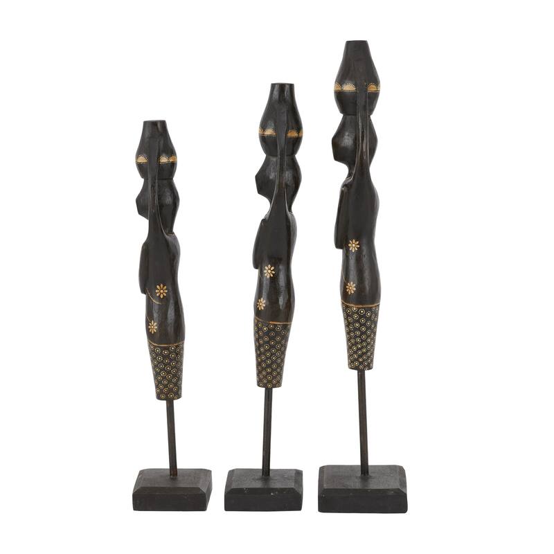 Wood Woman Standing African Sculpture with Baskets on Their Heads - Set of 3 Black - Roche River Decor