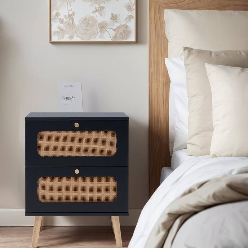 Boho Rattan 2-Drawer Nightstand, Handmade Woven Accent End Table, Side Table for Bedroom and Living Room