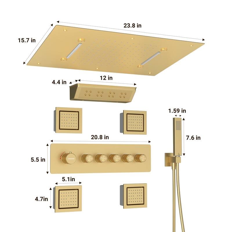 5-Spray Thermostatic Shower System, Luxury Anti-Scald 16 in. Fixed and Handheld Shower Head with Body Jets, Valve Included