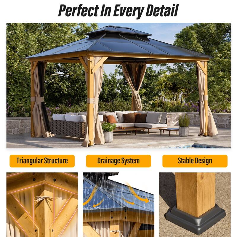 EROMMY Outdoor Wood Gazebo with Double Polycarbonate Roof, Heavy Duty Backyard Patio Pergola Canopy for Garden Shade