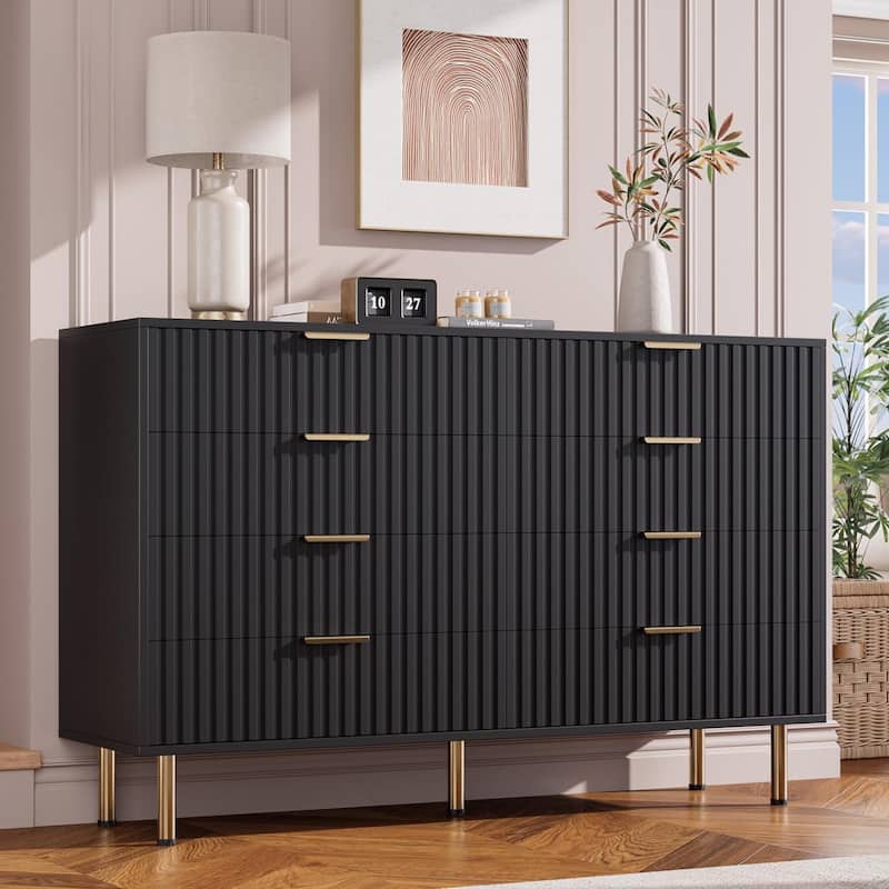 8 Drawer Fluted Dresser for Bedroom, Wide Modern Chest of Drawers, Long Double Dresser - Black