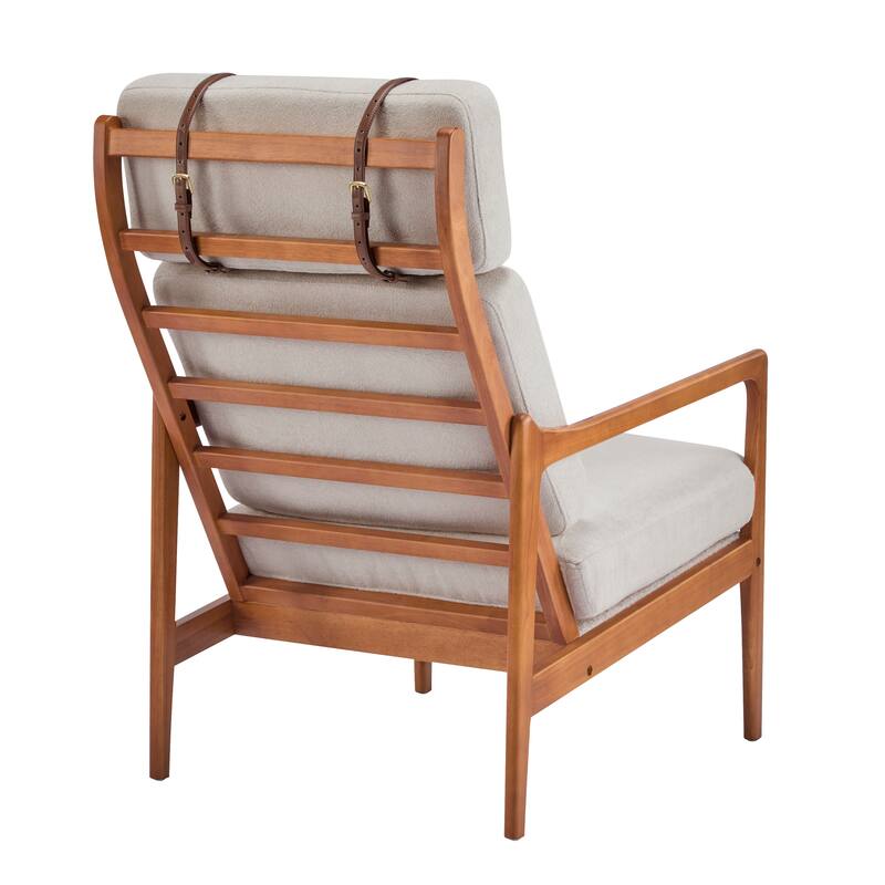 Mid Century Modern Accent Armchair, Solid Wood Frame with High Back, Beige Upholstered Cushions, Ergonomic Lounge Chair