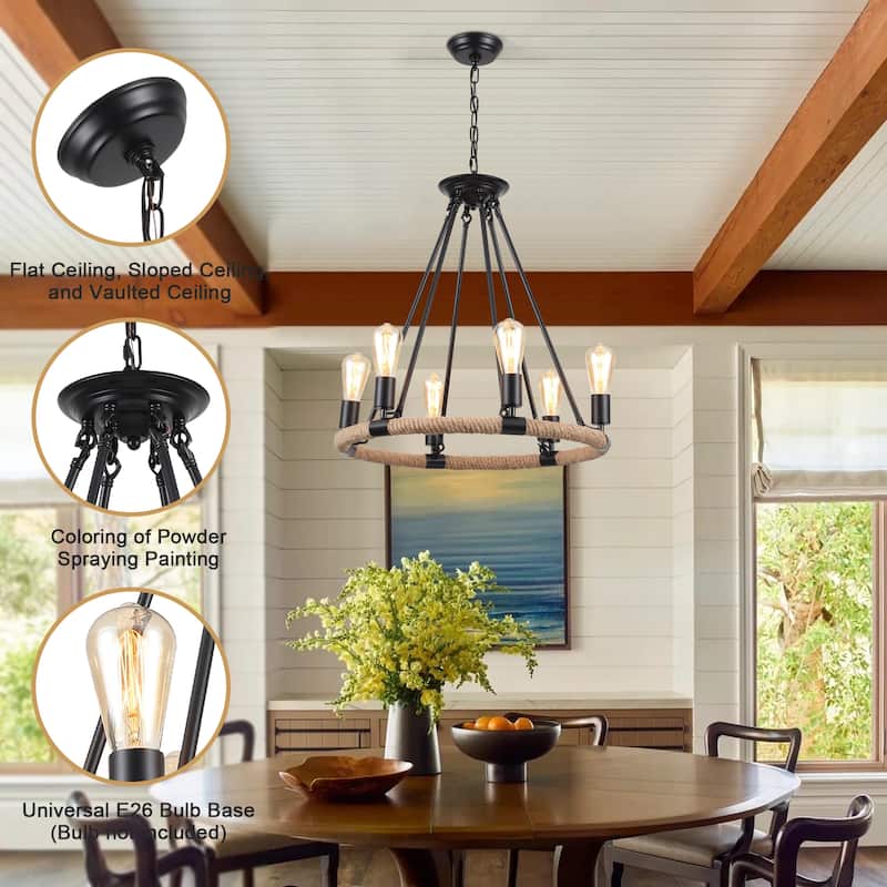 6-Light Farmhouse Chandelier, Modern Wagon Wheel Chandelier for Dining Room Living Room Bedroom Kitchen - W22.83"x H23.26"