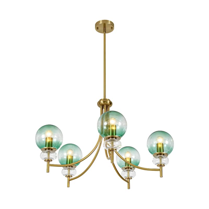 5-Light Mid-Century Modern Luxury Green Sputnik with Open/Bubble Glass Globe Shades Chandelier for Dining Room, Living Room