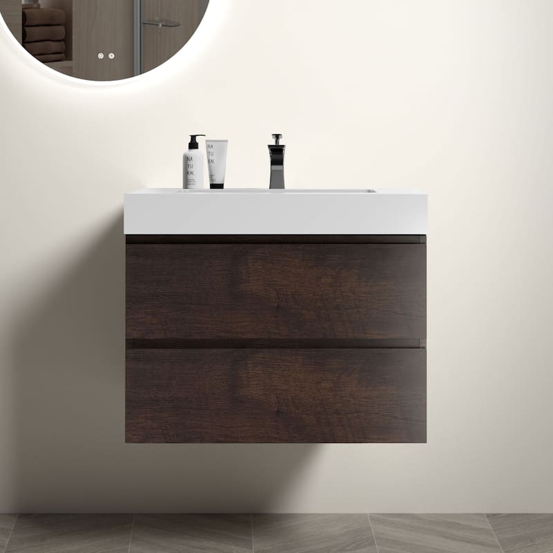 30"Bathroom Vanity with Sink,Large Storage Wall Mounted Floating Bathroom Vanity,One-Piece Sink Basin without Drain and Faucet - White+Walnut