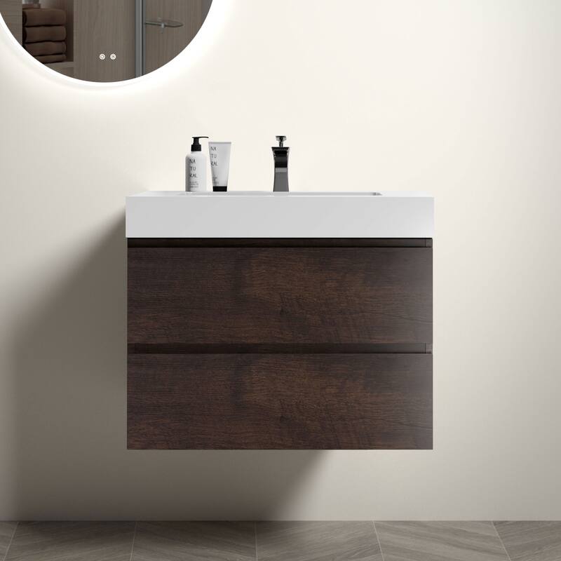 Modern 30" Alice Floating Bathroom Vanity with Rosewood Finish, Handle-Free Design, Silent Soft-Closing Drawers - 29.9in L Melamine - 29.9in L White+Walnut