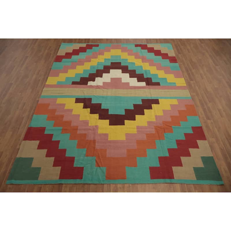 Hand Woven Oriental 100% Wool Carpet Southwestern Modern Multi-Colored Kilim Area Rug - 11' 8'' X 8' 10''