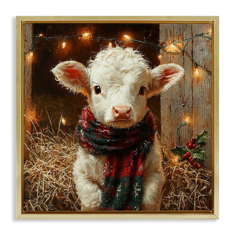 Stupell White Calf with Holiday Lights Framed Floater Canvas Wall Art Design By Riley B - 18 x 18 - Gold