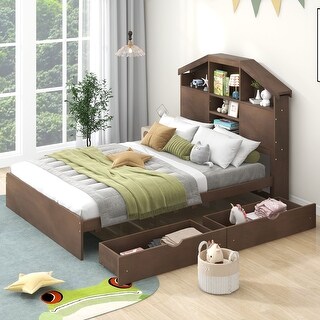 Walnut Full Size Wood Bed with House-shaped Headboard and Drawers