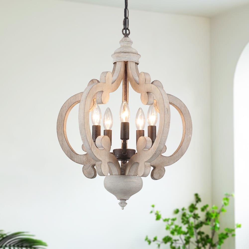 5-Light Modern Pendant Light, Farmhouse Wood Chandelier for Dining Room Living Room - W17.71"x H19.68"