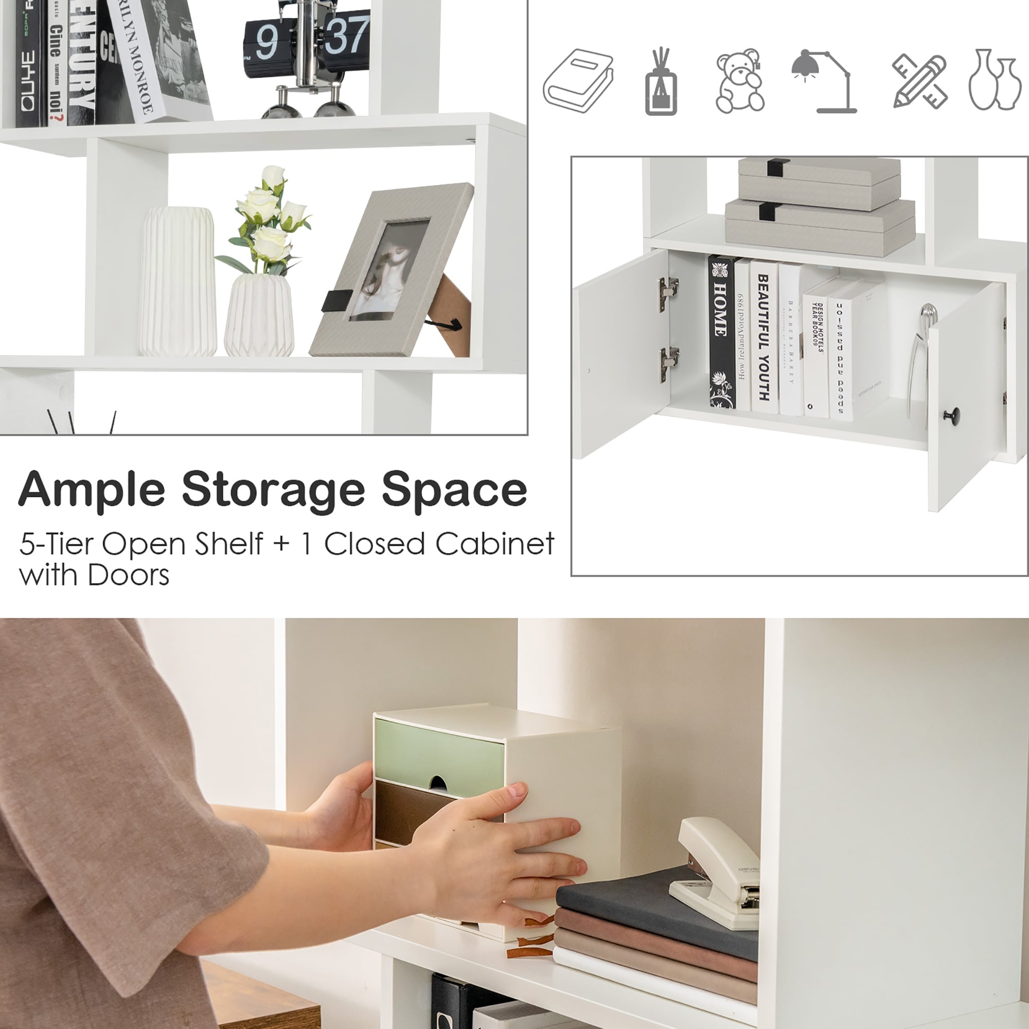 6-Tier S-Shaped Bookshelf Rustic Brown/White Storage Rack