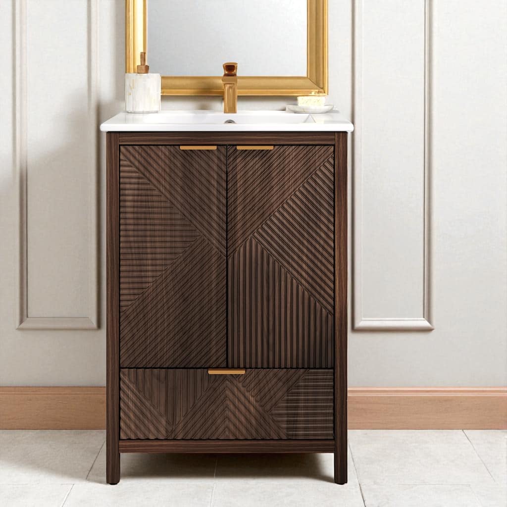 24" Bathroom Vanity with Ceramic Sink, Single Faucet Hole, Drawer Storage, Soft Close Doors and Textured Panels