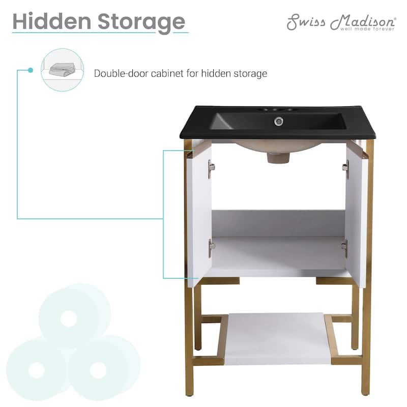 Marseille 24 In. White Bathroom Vanity With Black, 3-Hole Ceramic Sink Top