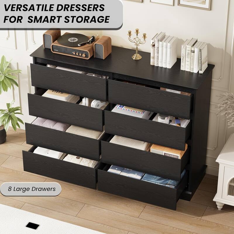 8 Drawer Dresser for Bedroom, Wide Black Chest with Spacious Top, Modern Wooden Organizer for Closet, Living Room