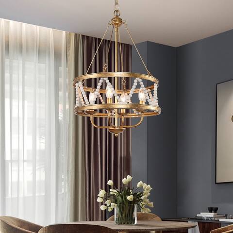 Modern Boho 4-light Brass Chandelier Wooden Beads Fixtures Lighting for Dining Room - D15.5'' x H85''