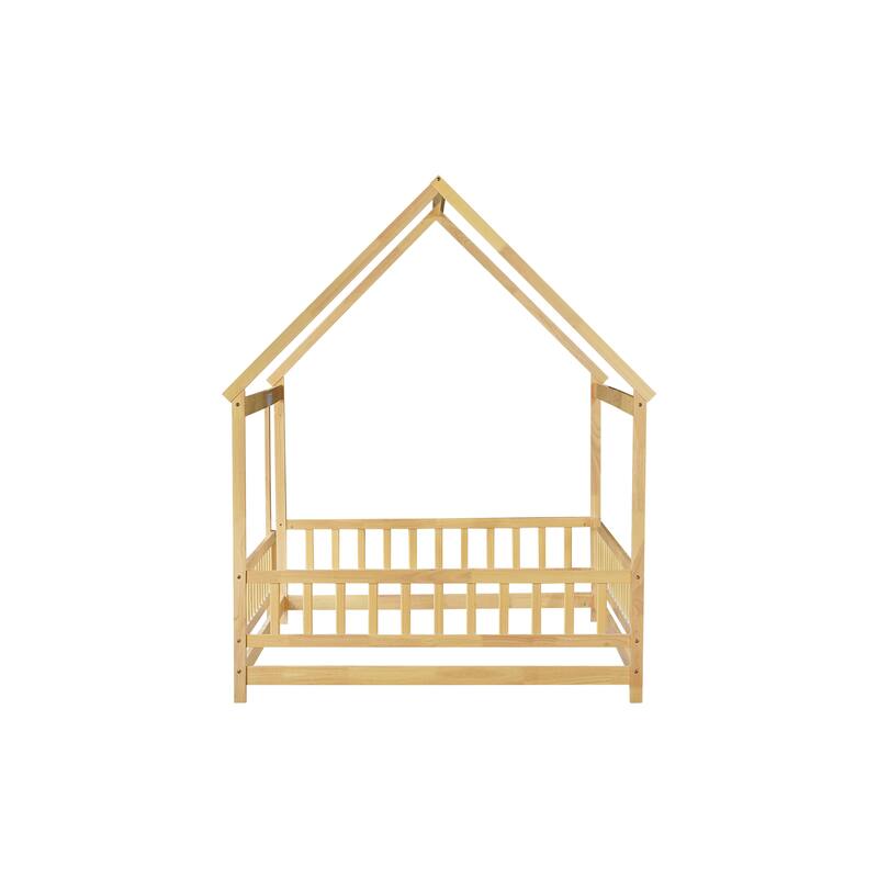 Full Size House Floor Wooden Bed with Roof Frame, Safety Guardrails