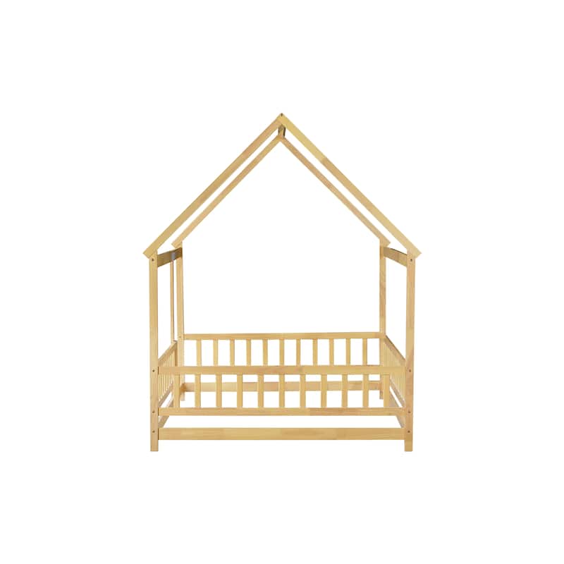 Full Size Wooden House Floor Bed with Roof Frame and Safety Guardrails, Natural Finish