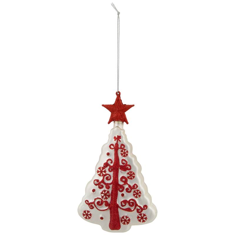 6" White and Red Christmas Tree Glass Ornament