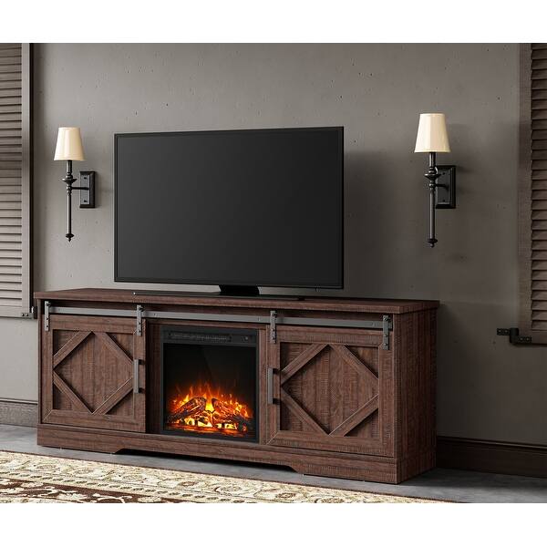 Fireplace TV Stand Farmhouse Sliding Barn Door Entertainment Center ...