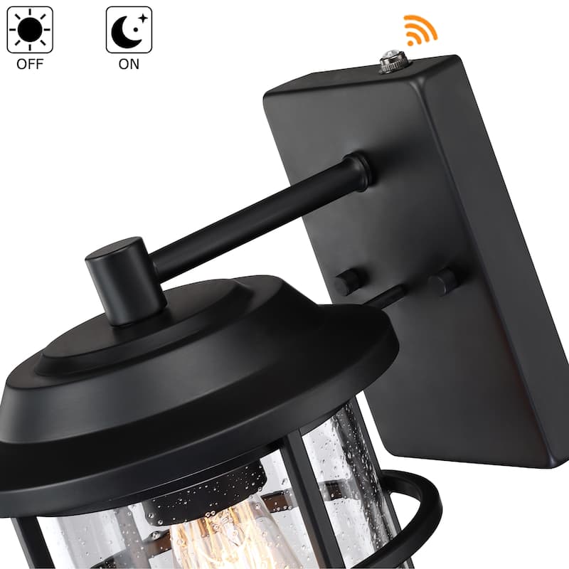 2 Pack 1-Light Black Outdoor Dusk to Dawn Light Cylinder Seeded Glass Shade