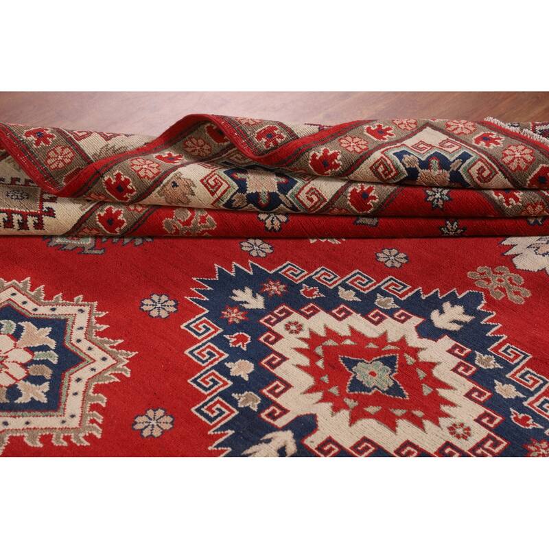 Geometric Red Kazak Oriental Area Rug Hand-Knotted Wool Carpet - 8'3"x 10'0"