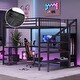 preview thumbnail 12 of 18, Black Metal Loft Bed Frame with Staircase Built-in Wardrobe, Light Strip, Underbed L Shaped Desk, Shelves and Charging Station Black - Queen