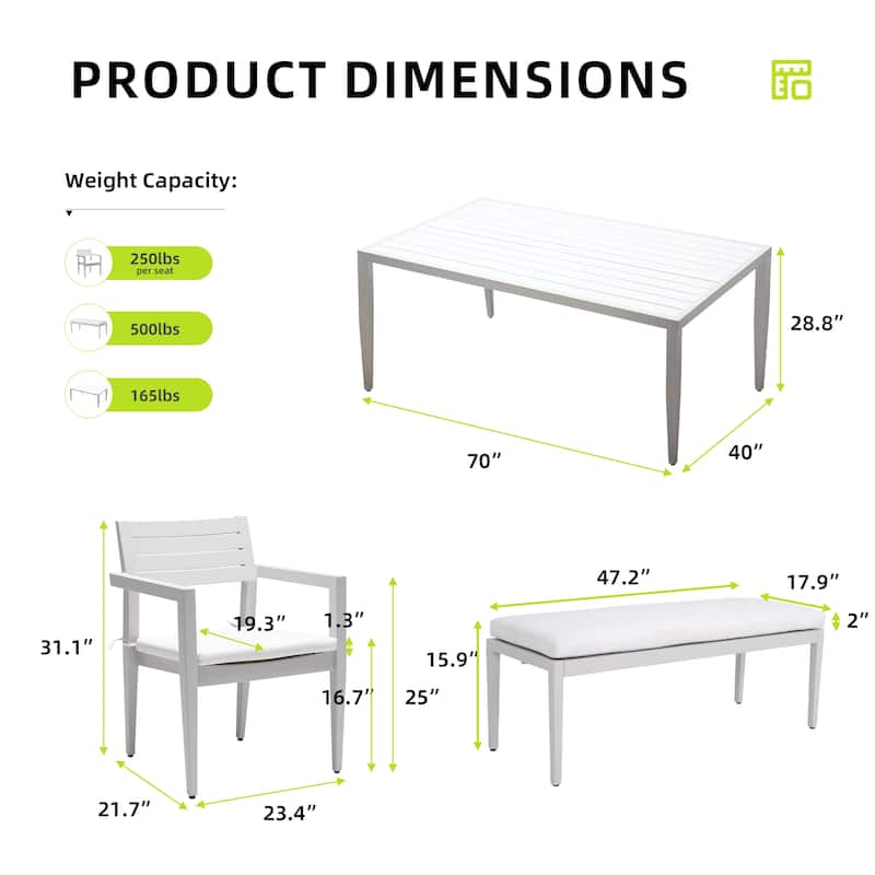 6-Piece Patio Dining Set - 4 Chairs and 1 Bench, Two-Tone Table with Umbrella Hole, White and Grayish - 70" D x 40" W x 28.74" H