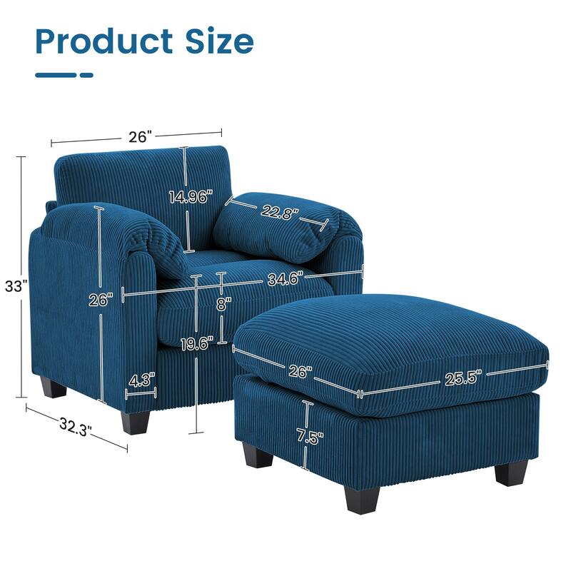 Multi-Seater Corduroy Sectional Sofa, Modular Settee, Included Removable Ottomans