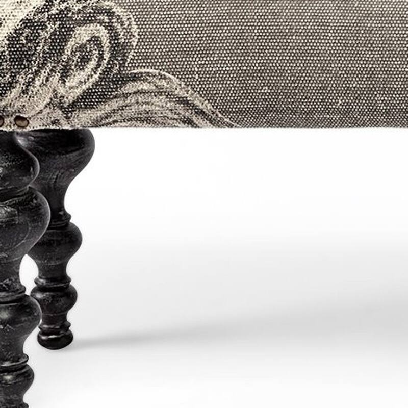 HomeRoots 55" Gray and Black Upholstered Cotton Blend Floral Distressed Bench - 55