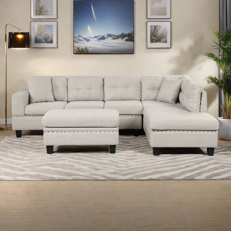 105.1" Velvet L-Shaped Sectional Sofa with Reversible Chaise, Storage Ottoman and Cup Holders - Light Gray